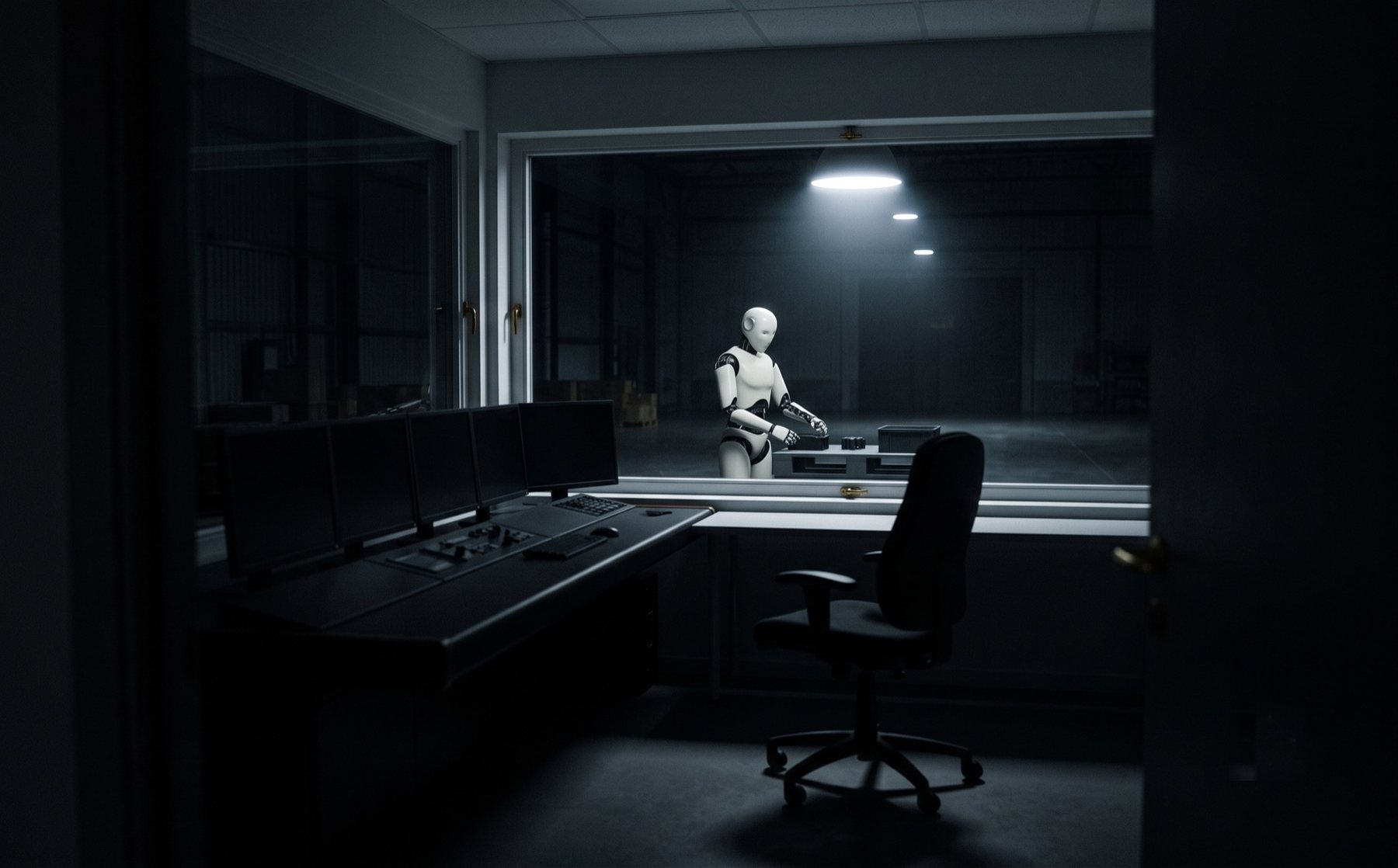 An empty control room at night looking out onto a warehouse floor where a humanoid robot works alone