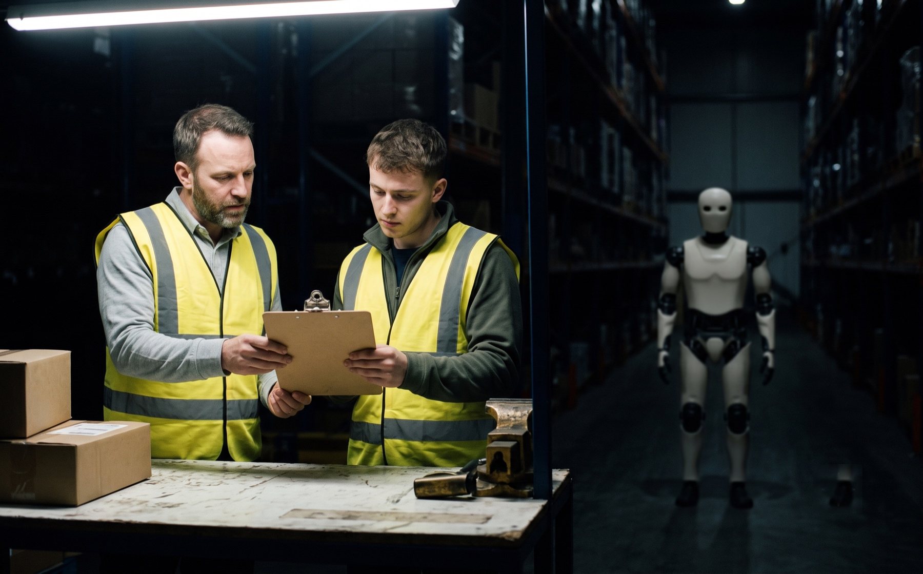 Two warehouse workers reviewing a clipboard at a bench while a humanoid robot stands idle in the aisle behind them