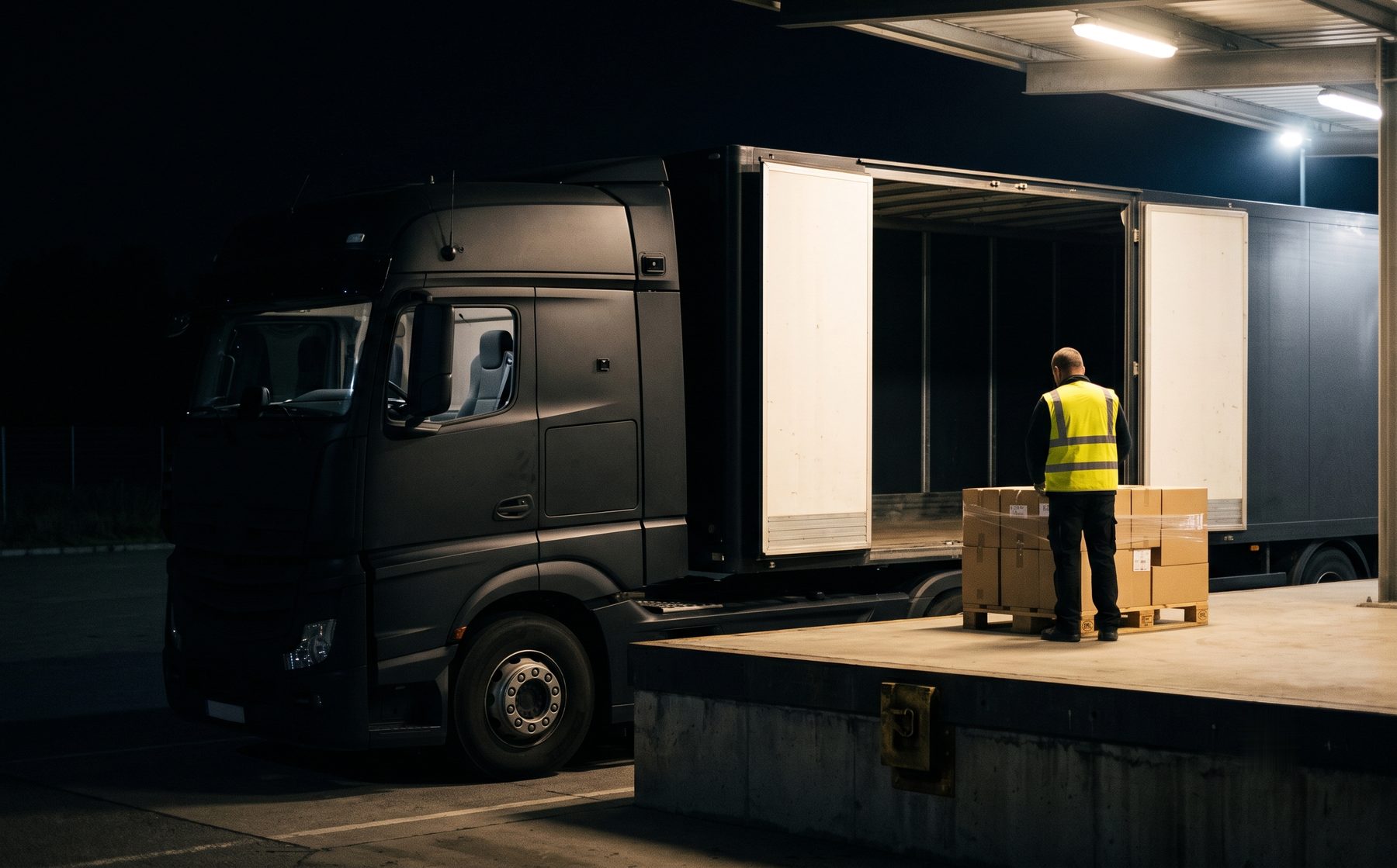 A driverless truck reversed up to a loading dock while a worker checks a pallet