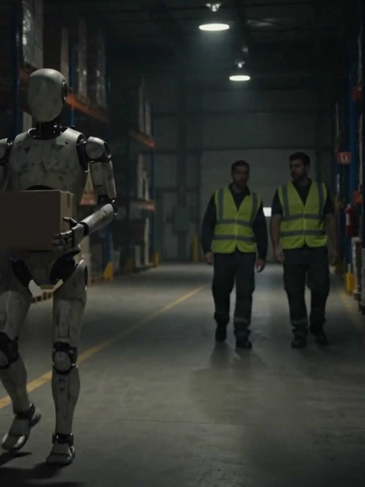 A humanoid robot carrying a tote waits at a marked walkway while two workers pass