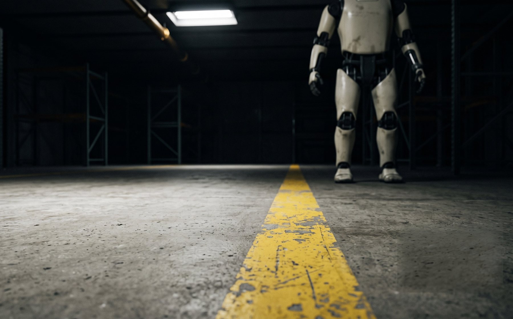 A worn painted yellow line across a warehouse floor, with the legs of a humanoid robot standing beyond it