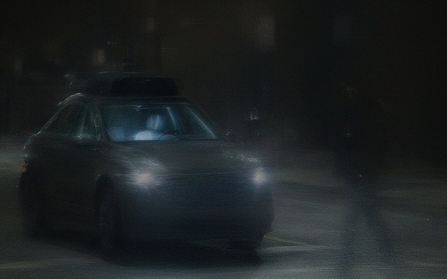 A driverless robotaxi stopped at a night crossing while a pedestrian crosses in front of it